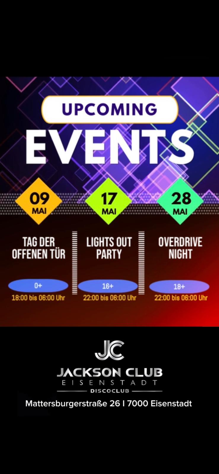 Plakat mit den bevorstehenden Events im Jackson Club